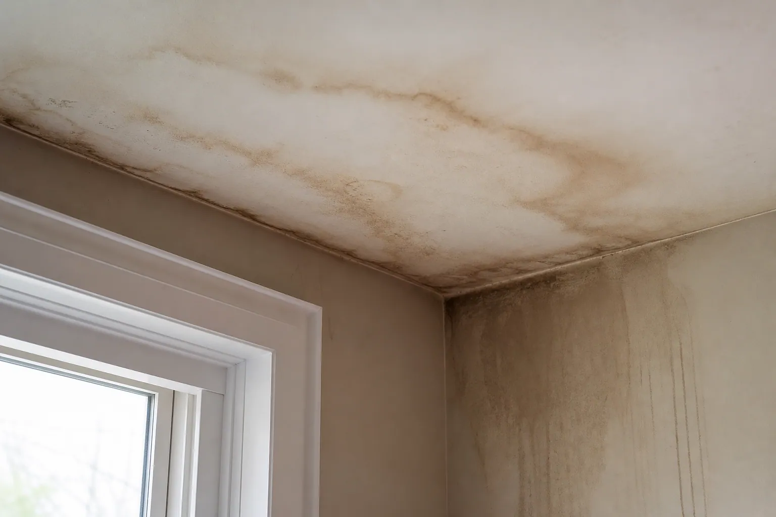 Hidden water leak damaging a wall behind pipework