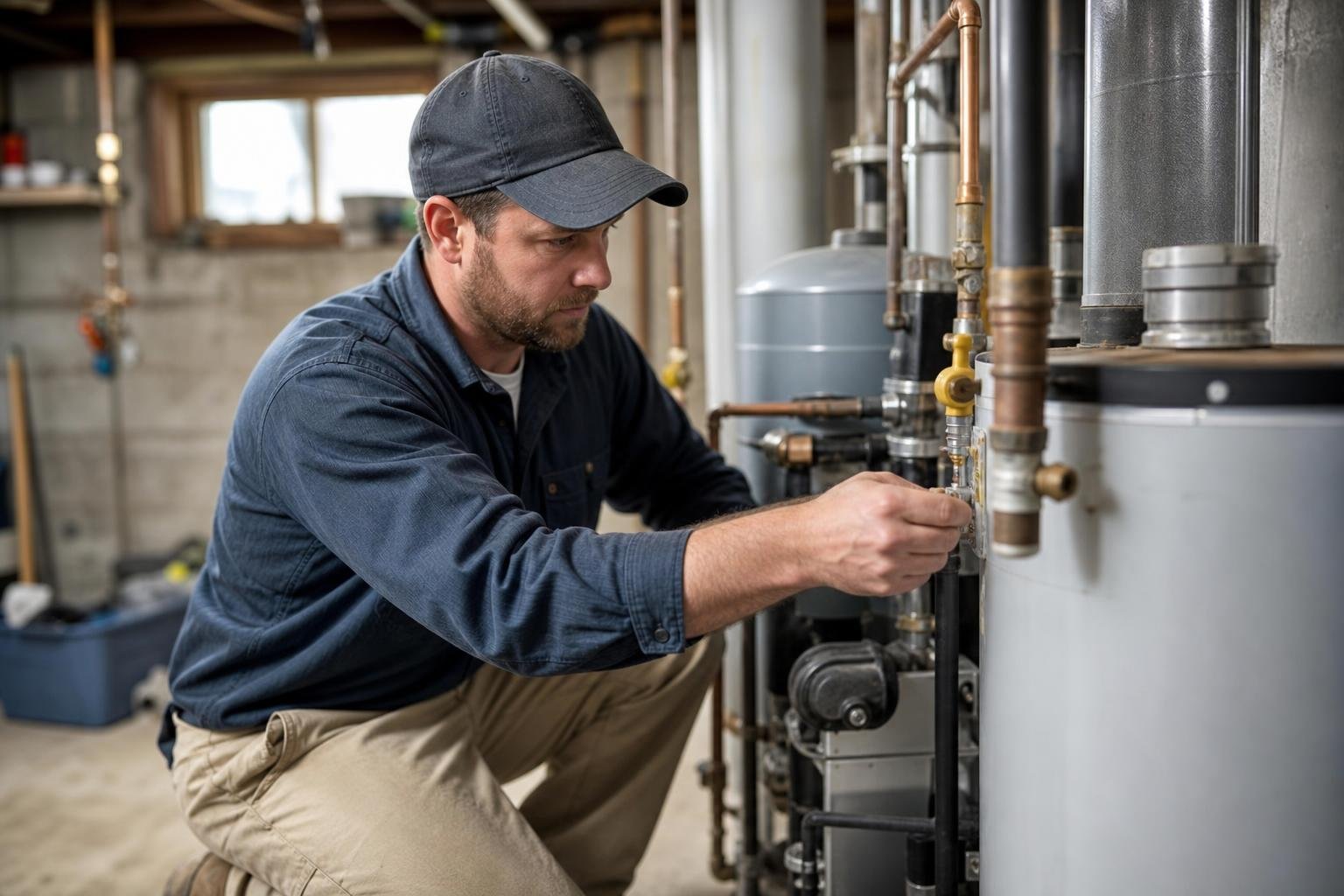 Technician servicing a boiler system